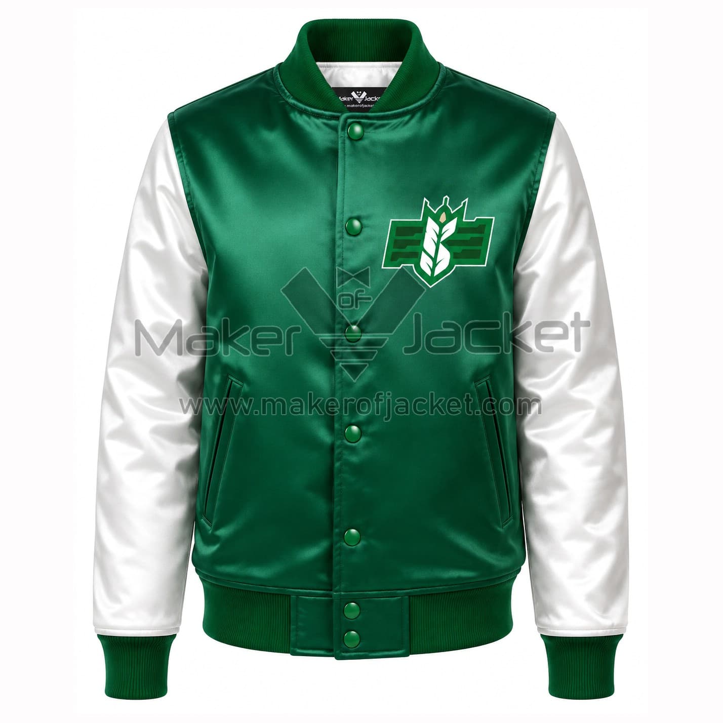 Green-Roughriders-Satin-Bomber-Jacket-Front-Image Front View Of Green Roughriders Satin Bomber Jacket Featuring embroidered Saskatchewan Roughriders logo on the left chest, rib-knit collar, snap-button closure, and varsity design.