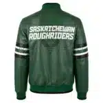 Back View of Green Roughriders Sideline Leather Jacket featuring bold SASKATCHEWAN ROUGHRIDERS lettering on premium leather.
