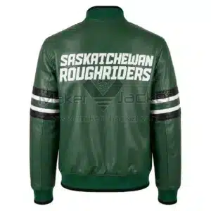 Back View of Green Roughriders Sideline Leather Jacket featuring bold SASKATCHEWAN ROUGHRIDERS lettering on premium leather.