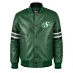 Front View Of Green Roughriders Sideline Leather Jacket Featuring snap-button closure, rib-knit collar, and Saskatchewan Roughriders logo on the left chest.