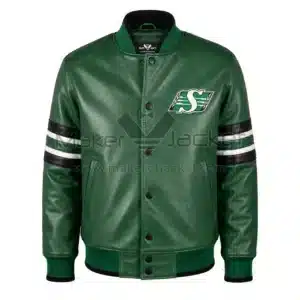 Front View Of Green Roughriders Sideline Leather Jacket Featuring snap-button closure, rib-knit collar, and Saskatchewan Roughriders logo on the left chest.