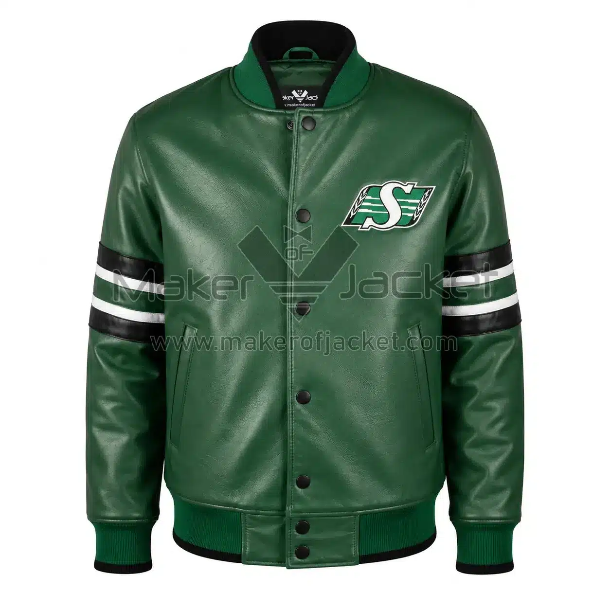 Green-Roughriders-Sideline-Leather-Jacket-Front-Image Front View Of Green Roughriders Sideline Leather Jacket Featuring snap-button closure, rib-knit collar, and Saskatchewan Roughriders logo on the left chest.