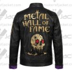 Back view of the Metal Hall of Fame Limited Edition 2025 black leather jacket showcasing large gold embroidered lettering and skull artwork.