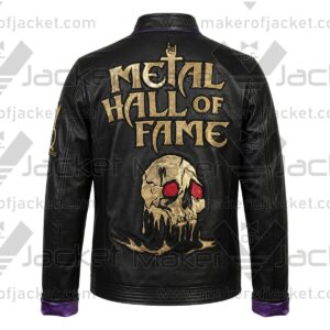 Back view of the Metal Hall of Fame Limited Edition 2025 black leather jacket showcasing large gold embroidered lettering and skull artwork.
