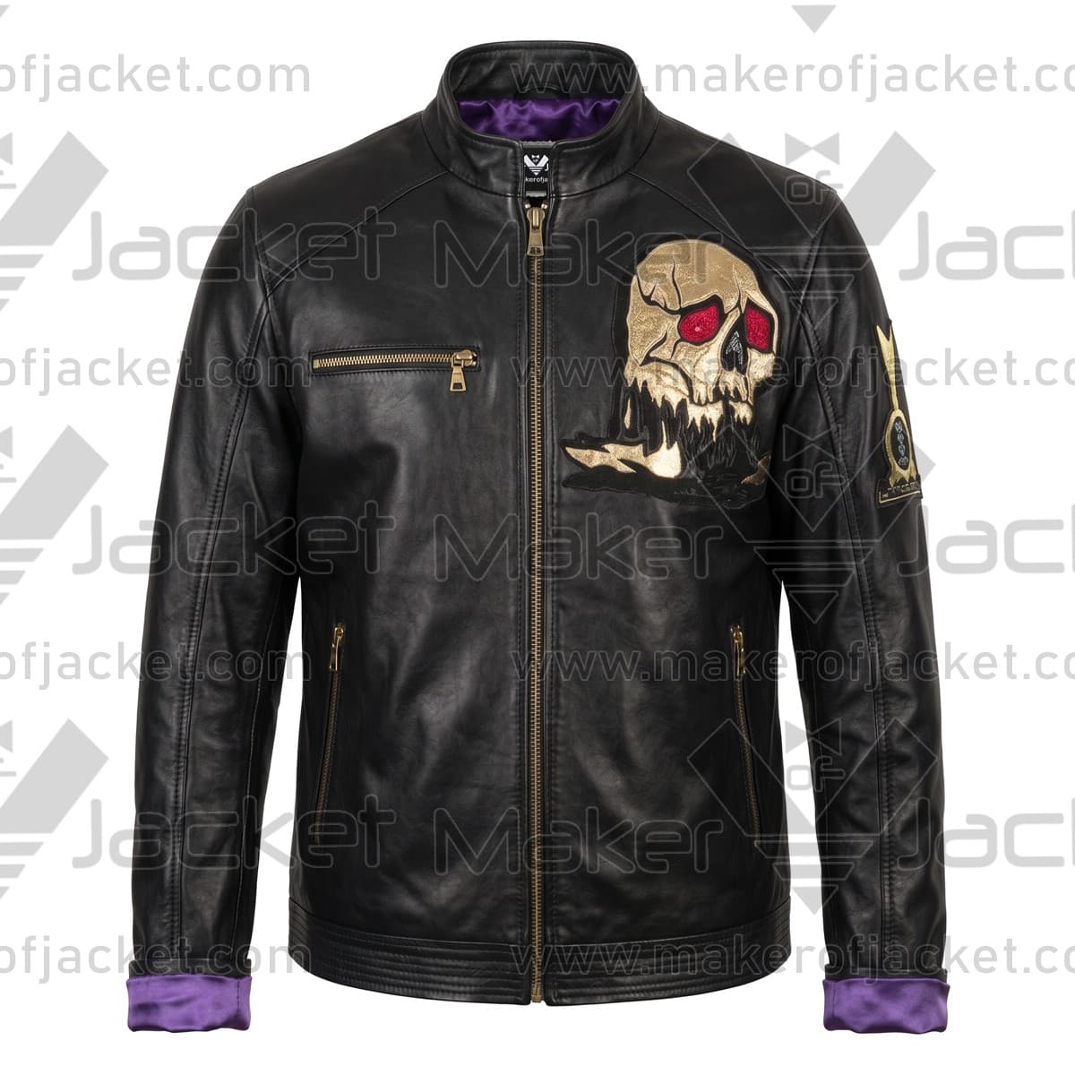 Metal Hall of Fame Limited Edition 2025 Awards Jacket Front View Front view of the Metal Hall of Fame Limited Edition 2025 black leather awards jacket featuring an embroidered gold skull emblem and purple satin lining.