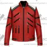 Front View of Michael Jackson Beat It Jacket Featuring silver studs, zipper pockets, and stand-up collar.