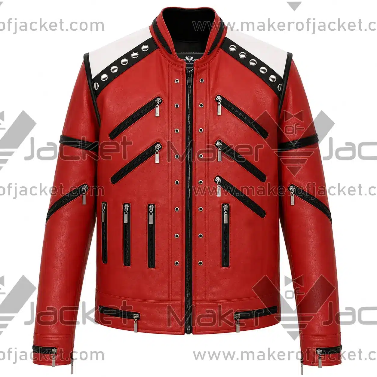 Michael-Jackson-Beat-It-Jacket-Front-Image Front View of Michael Jackson Beat It Jacket Featuring silver studs, zipper pockets, and stand-up collar.