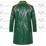 Back view of the NYC 2025 Jeff Goldblum green leather trench coat showing back shoulder orange trim details and a center rear hem vent.