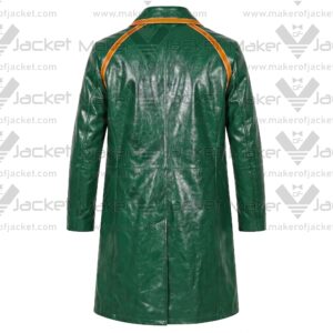 Back view of the NYC 2025 Jeff Goldblum green leather trench coat showing back shoulder orange trim details and a center rear hem vent.