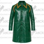 Front view of the NYC 2025 Jeff Goldblum green leather long coat featuring a button-up front, glossy finish, and signature orange contrast piping along the collar and shoulders.