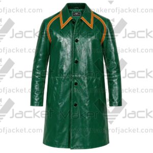 Front view of the NYC 2025 Jeff Goldblum green leather long coat featuring a button-up front, glossy finish, and signature orange contrast piping along the collar and shoulders.