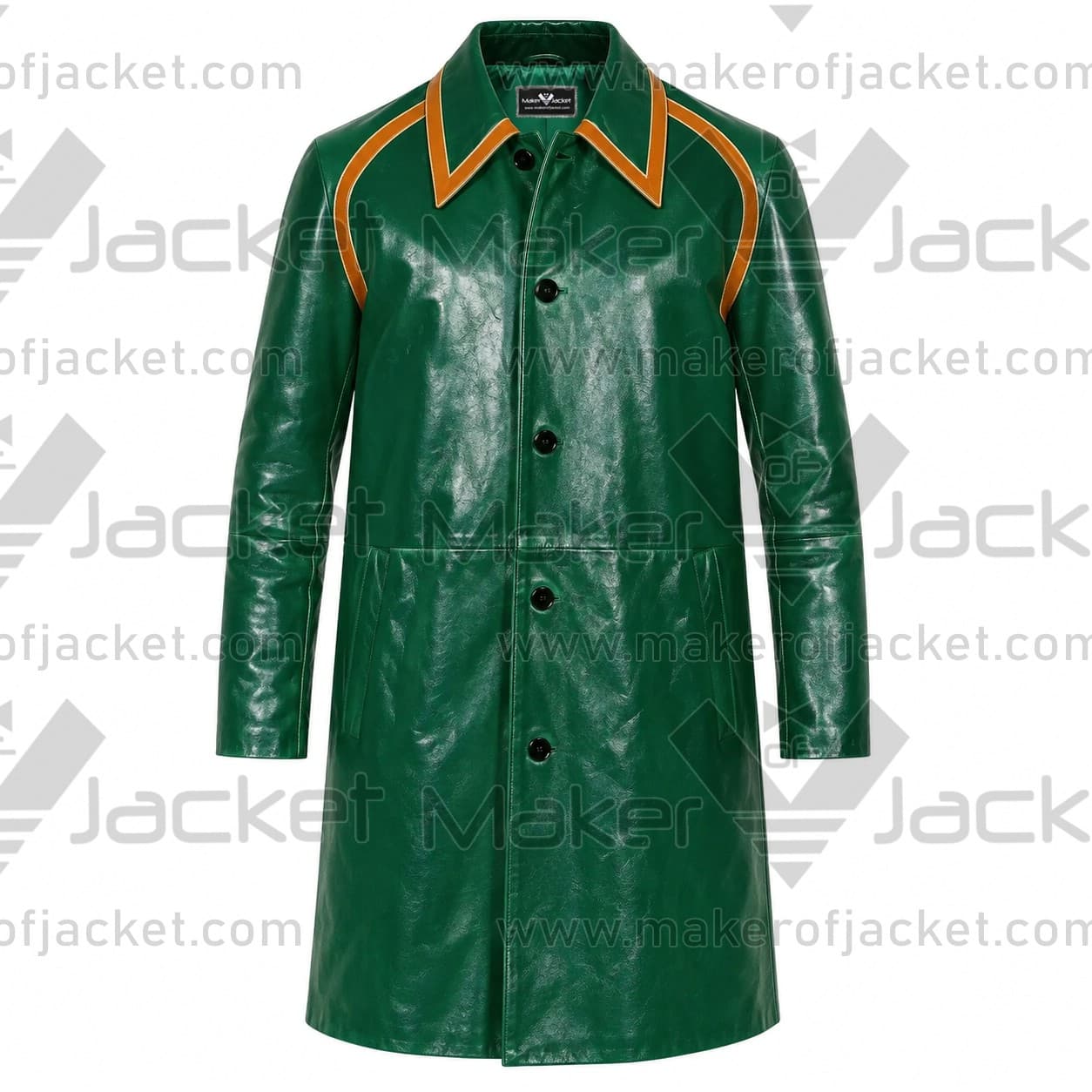 NYC 2025 Jeff Goldblum Green Leather Coat Front View Front view of the NYC 2025 Jeff Goldblum green leather long coat featuring a button-up front, glossy finish, and signature orange contrast piping along the collar and shoulders.