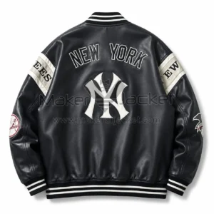 Back View Of New York Yankees Varsity Jacket Featuring NY logo and New York lettering.