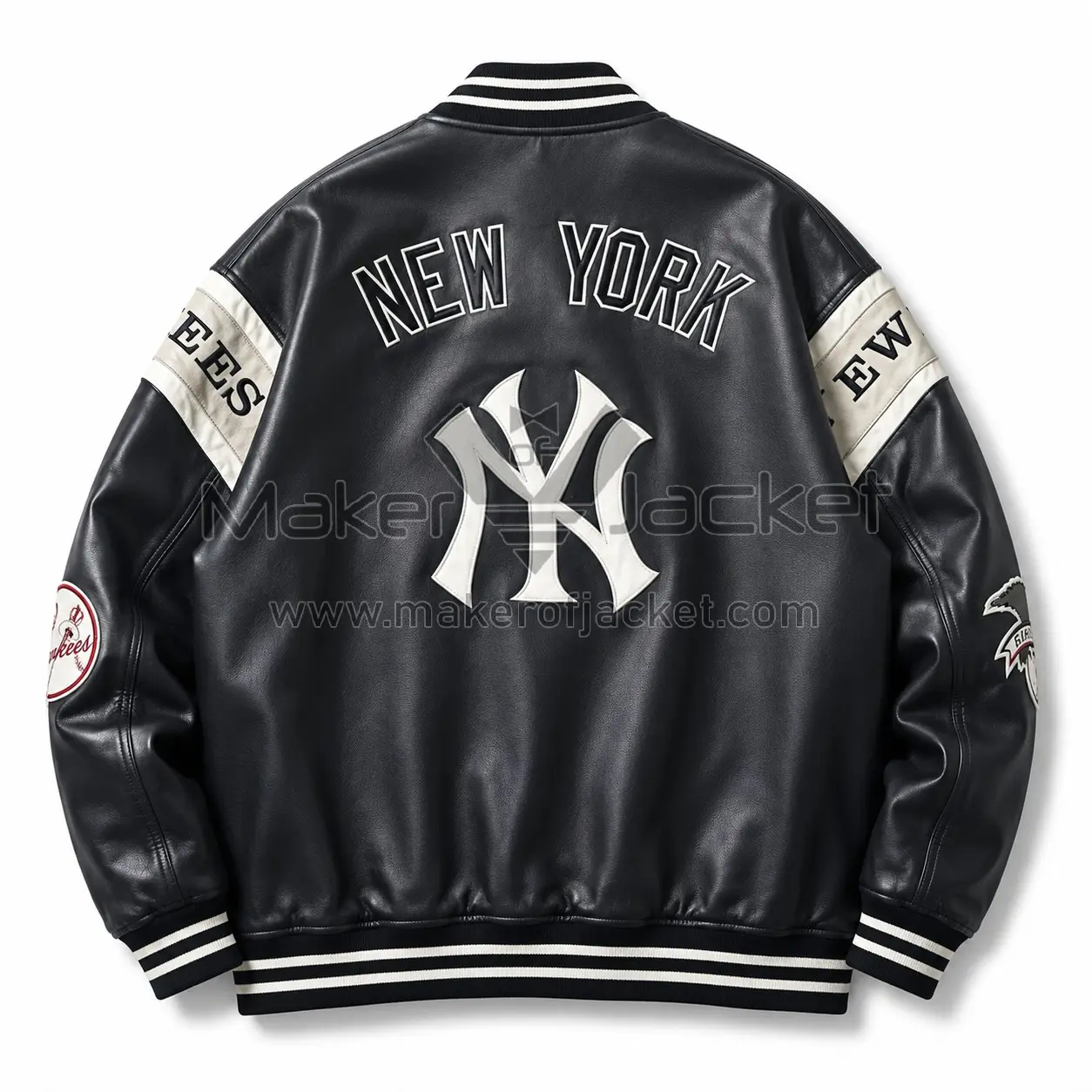 New-York-Yankees-Varsity-Jacket-Back-Image Back View Of New York Yankees Varsity Jacket Featuring NY logo and New York lettering.