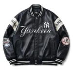 Front View Of New York Yankees Varsity Jacket Featuring Yankees logo and lettering.