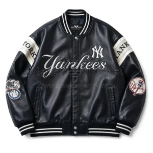 Front View Of New York Yankees Varsity Jacket Featuring Yankees logo and lettering.