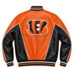 Back View Of Orange Cincinnati Bengals Leather Jacket Featuring a large Cincinnati Bengals logo and classic bomber design.