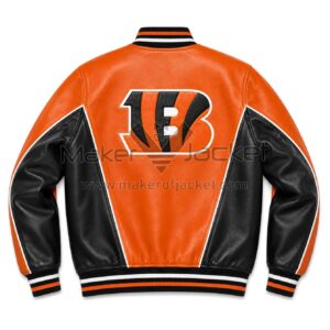 Back View Of Orange Cincinnati Bengals Leather Jacket Featuring a large Cincinnati Bengals logo and classic bomber design.