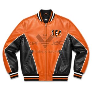 Front View Of Orange Cincinnati Bengals Leather Jacket Featuring rib-knit collar, YKK zipper, and Bengals logo on the left chest.