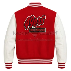 Back View oF Red White San Francisco 49ers Jacket Featuring featuring the 49ers San Francisco logo patch.