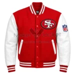 Front View Of Red White San Francisco 49ers Jacket Featuring leather sleeves, SF logo, and snap-button closure