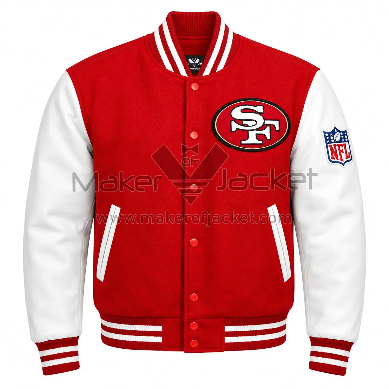 Red-White-San-Francisco-49ers-Jacket-Front Front View Of Red White San Francisco 49ers Jacket Featuring leather sleeves, SF logo, and snap-button closure