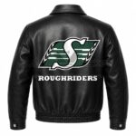 Back View Of Saskatchewan Roughriders Black Leather Jacket Featuring Large Roughriders Logo and ROUGHRIDERS Lettering.