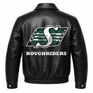 Back View Of Saskatchewan Roughriders Black Leather Jacket Featuring Large Roughriders Logo and ROUGHRIDERS Lettering.