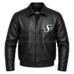 Front View Of Saskatchewan Roughriders Black Leather Jacket Featuring Team Logo on Chest.