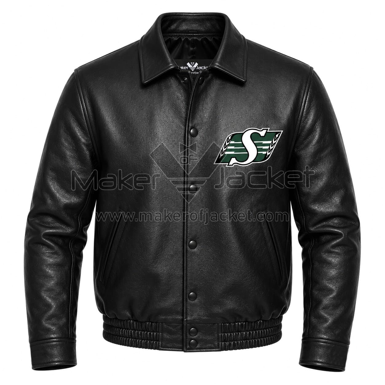 Saskatchewan-Roughriders-Black-Leather-Jacket-Front-Image Front View Of Saskatchewan Roughriders Black Leather Jacket Featuring Team Logo on Chest.