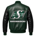 Back View Of Saskatchewan Roughriders Varsity Jacket featuring large Saskatchewan Roughriders logo with ROUGHRIDERS lettering on premium green and black leather.