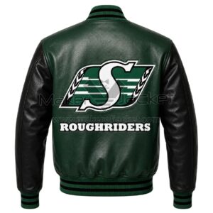 Back View Of Saskatchewan Roughriders Varsity Jacket featuring large Saskatchewan Roughriders logo with ROUGHRIDERS lettering on premium green and black leather.