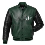 Front View Of Saskatchewan Roughriders Varsity Jacket Featuring rib-knit collar, snap button closure, and embroidered Roughriders logo on the left chest.