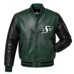 Front View Of Saskatchewan Roughriders Varsity Jacket Featuring rib-knit collar, snap button closure, and embroidered Roughriders logo on the left chest.