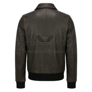 Back View Of USA Embossed Bomber Leather Jacket Featuring premium brown leather with classic bomber styling.