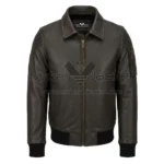 Front View Of USA Embossed Bomber Leather Jacket Featuring shirt collar, YKK zipper, ribbed cuffs, and waist pockets.
