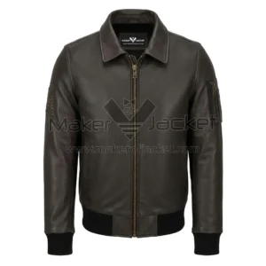 Front View Of USA Embossed Bomber Leather Jacket Featuring shirt collar, YKK zipper, ribbed cuffs, and waist pockets.