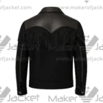Back View Of Western Style Leather Fringe Black Jacket Featuring featuring bold fringe detailing across the back and sleeves.