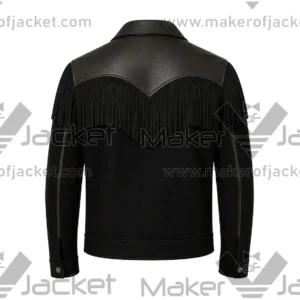Back View Of Western Style Leather Fringe Black Jacket Featuring featuring bold fringe detailing across the back and sleeves.