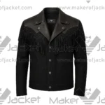Front View oF Western Style Leather Fringe Black Jacket Featuring Western style, notch lapel collar, snap button closure, and front fringe detailing.