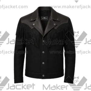 Front View oF Western Style Leather Fringe Black Jacket Featuring Western style, notch lapel collar, snap button closure, and front fringe detailing.