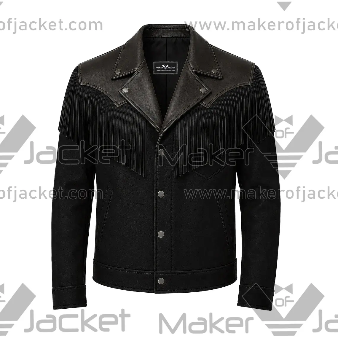 Western-Style-Leather-Fringe-Black-Jacket-Front-Image Front View oF Western Style Leather Fringe Black Jacket Featuring Western style, notch lapel collar, snap button closure, and front fringe detailing.