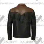 Back View Of Western Style Leather Fringe Jacket Featuring featuring bold fringe detailing across the back and sleeves.