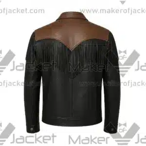 Back View Of Western Style Leather Fringe Jacket Featuring featuring bold fringe detailing across the back and sleeves.