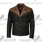 Front View oF Western Style Leather Fringe Jacket Featuring Western style, notch lapel collar, snap button closure, and front fringe detailing.