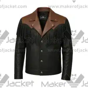 Front View oF Western Style Leather Fringe Jacket Featuring Western style, notch lapel collar, snap button closure, and front fringe detailing.
