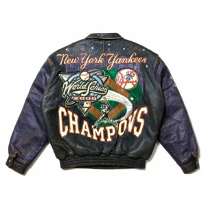 back View Of Yankees 2000 World Series Jacket Featuring distressed navy leather jacket back with Yankees logo.