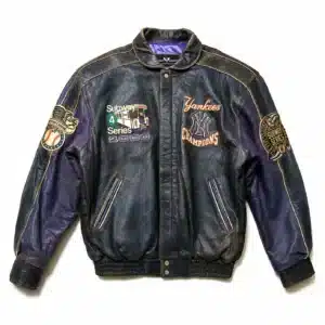 Front View of Yankees 2000 World Series Jacket Featuring distressed navy leather jacket front with championship logos.