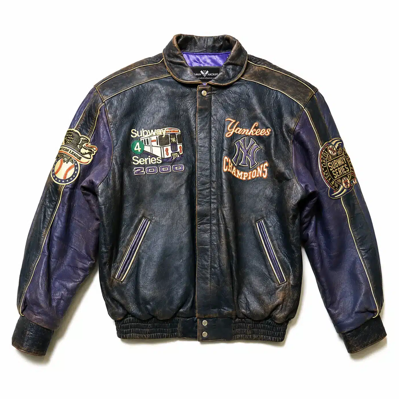 Yankees-2000-World-Series-Jacket-Front-Image Front View of Yankees 2000 World Series Jacket Featuring distressed navy leather jacket front with championship logos.