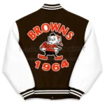 Back View Of Brown White Cleveland Browns Jacket Featuring BROWNS 1964 cartoon patch.